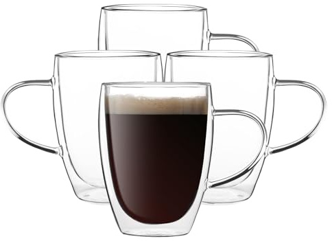Yumzxin 12oz Double Wall Insulated Glass Coffee Mugs (4-Pack) - Clear Espresso Cups with Handle for Cappuccino, Latte, Tea & Ice Cream