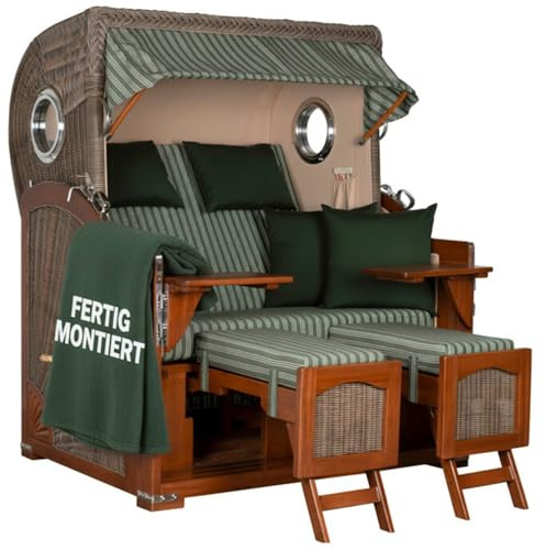 MR. DEKO Strandkorb XXL Düne Grande 2,5-Sitzer-Strandkorb | Mahagoni Holz PE-Geflecht Grey | Bullauge-Design | Volllieger wetterfest |Dessin 504 (Grün Gestreift)