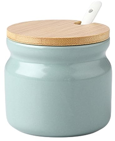 Ceramic Sugar Bowl, 10oz Sugar & Salt Seasoning Container with Wood Lid and Spoon, Kitchen Countertop Canisters, for Coffee Bar Accessories, Kitchen Decor Housewarming Gift, 300ml(Light green)