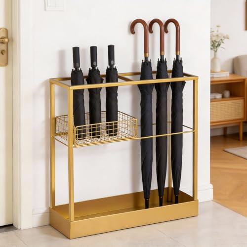 Minifactory Heavy Duty Umbrella Stand - Waterproof Metal Umbrella Holder & Rack for Indoor Use, Large Capacity Hallway Entryway Storage with Drip Tray, Modern Home Decor (Black) (Golden)