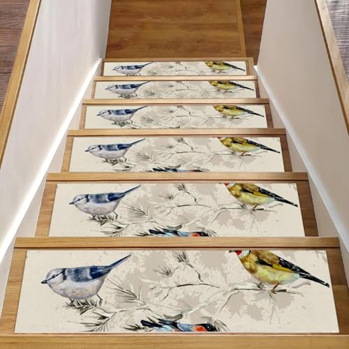 RODAILYCAY 15 gradini antiscivolo per scale in legno, tappeti per scale con uccelli primaverili dipinti a olio cinesi per interni tappeti per scale di sicurezza per anziani bambini cani