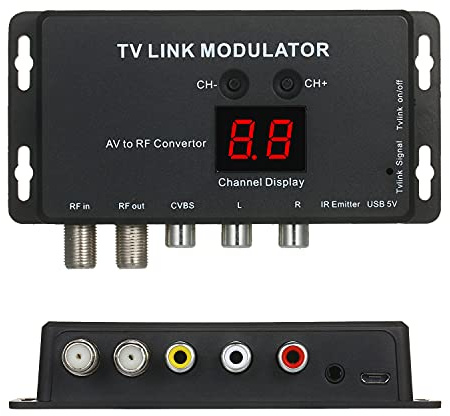 Modulador TVLINK AV a RF y Extensor IR con operación VHF y UHF, Rango de frecuencia de 471,25 MHz a 885,25 MHz, Compatible con STB, DVD y DVR, Soporte de Formato NTSC y PAL para