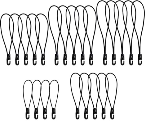 25pcs Bungee Cords with Hooks, 10 Inch Small Elastic Bungee Ropes Short Tarpaulin Hooks for Luggage, Camping, Tent and Outdoor Fixing, 5 Different Sizes (Black)