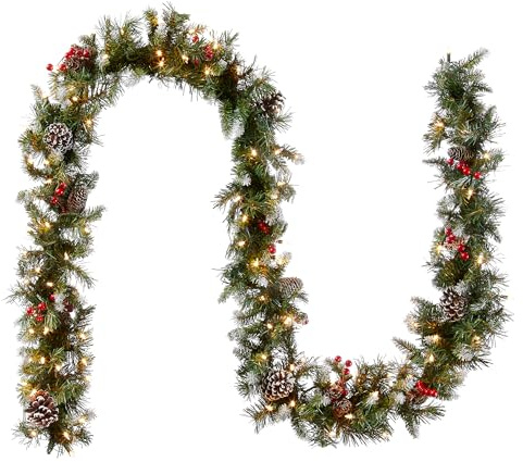 National Tree Company 9 ft Pre-Lit Frosted Berry Artificial Christmas Garland, Christmas Decoration with Pinecones, Red Berries, 100 Clear Lights, 200 Tips, Green