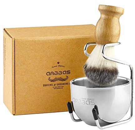 Anbbas Shaving Brush Synthetic Badger Hair Wood Handle,Stainless Steel Shaving Stand and Bowl,Perfect for Men Wet Shave