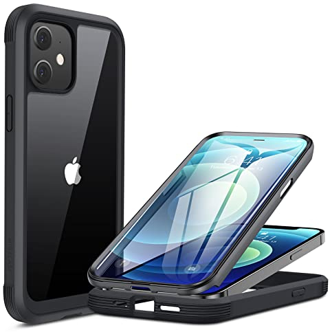 Miracase 360 Grad Hülle Kompatibel mit iPhone 12/12 Pro (6.1 Zoll), Ganzkörper Schutzhülle mit eingebauter Glas Displayschutzfolie, Stoßfeste Fullbody Handyhülle, Schwarz