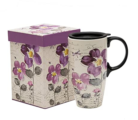 DUSVALLY Ceramic Coffee Mug with Lid Porcelain Cup with Box Latte Mug, 17oz. Purple Flowers