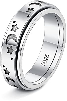 KALVICA Anillo de plata de ley 925 para mujer, hombre, luna y estrella, anillo giratorio para aliviar el estrés, plata, Plata de ley