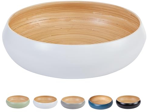 HABITAAS Frutero de bambú hilado para encimera de cocina, cuenco decorativo, cuenco grande para servir o cesta de frutas para cocina (blanco)