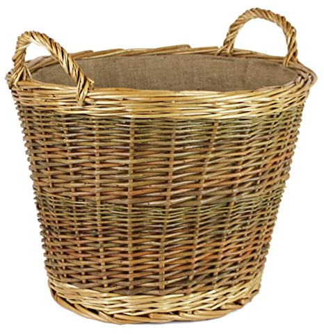 Round natural wicker log baskets. Hessian liner. Wood & kindling storage for hearths and fireplaces. Wood burner bin (42 cm)