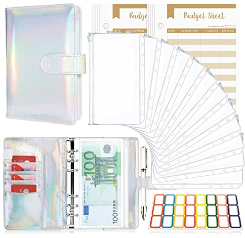 Raccoglitore Notebook A6, TAOPE Portadocumenti in Pelle PU con 12 Trasparente Sacchetti Cerniera Compilabile 26pcs per Budget di Contanti Organizzatore di Buste Risparmio di Denaro - Argento Laser
