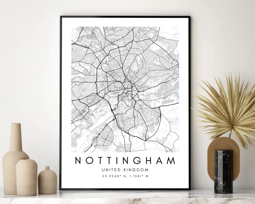 State Media Vision Nottingham - Póster minimalista de mapa de la ciudad, pósteres de coordenadas de ciudad, decoración de sala de estar, dormitorio (ciudades del Reino Unido) (Nottingham, A4 (29,7 cm