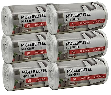 Müllbeutel Premium-Edition - Besonders reißfest und wasserdicht - Mit praktischem Trage-Griff für einfache Entsorgung und saubere Mülltrennung (5 Liter - 6 Rollen)