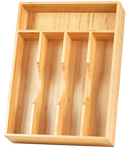 Umilife Bamboo Kitchen Drawer Organizer, 9 Inch Silverware Utensils Tray Holder for Small Drawer, Wood Caddy for Flatware Cutlery Knives