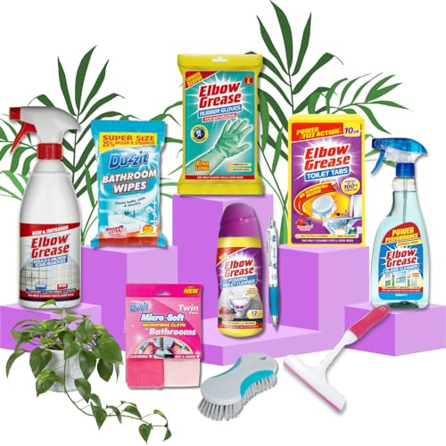 Bathroom Cleaner Bundle Products 10pcs | Elbow Grease Toilet Cleaner, Stain Remover Spray, Extra Long Rubber Gloves, Microfibre Cloths, Duzzit Wipes, and more! Includes Sinta Gifts Pen