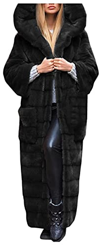 Manteau d'hiver pour femme - Long manteau en fourrure avec capuche - Manteau d'hiver chaud en fausse fourrure - Couleur unie - Manteau d'hiver épais - Manteau d'hiver douillet avec poche, Noir , XXL