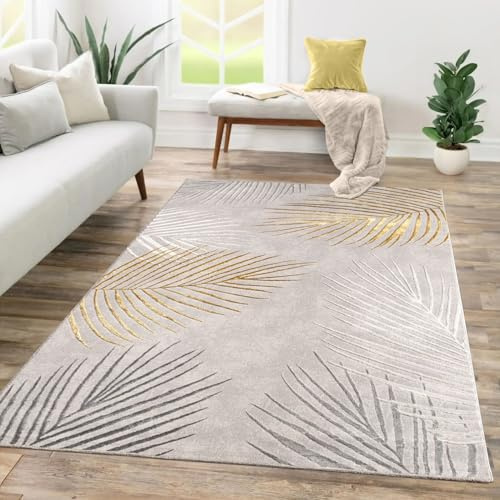 TT Home Wohnzimmer Teppich Kurzflor Geometrisches Design Abstrakte Optik, Farbe:Grau Gold, Größe:200x290 cm