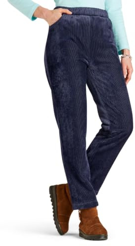 Amber Ladies Fleece Lined Cord Trousers, Soft Knitted Jersey Pull-On Pants with Elasticated Waist & Pockets Navy