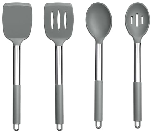 Homikit Pfannenwender Kochlöffel, 4 Stück Silikon Küchenhelfer Küchenutensilien Set mit Edelstahlgriff, Hitzebeständig Kochbesteck Set, Gesund & Spülmaschinenfest - Grau