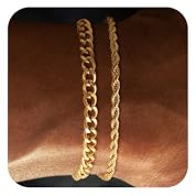 Risamil Mens Bracelet, 14K Gold Plated Bracelet for Men Layered Gold Cuban Rope Chain Bracelets 3mm/5mm Dainty Couples Bracelets for Mens 7 Inches Mens Bracelet Gold Jewelry for Men Gifts