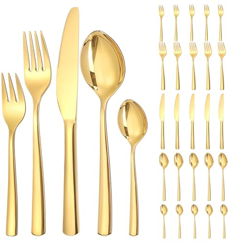 LAZAHOME Goldenes Besteck Set 6 Personen, 30 teilig Besteck Set Gold aus Edelstahl, Glänzendes Goldenes Besteckset mit Messern, Gabeln und Löffeln, hochglanzpoliert und spülmaschinenfest