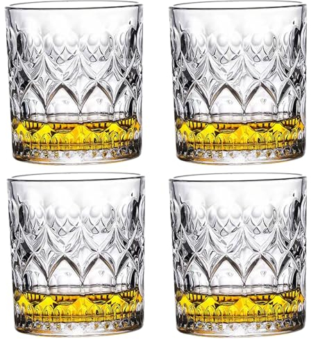 BEVKAF Bicchieri da whisky in cristallo, 320 ml, set di 4 bicchieri in cristallo soffiato a mano senza piombo, perfetti per scotch, bourbon, Manhattans, Old Fashioned, cocktail (XO Pattern)