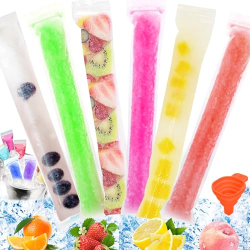 PIWOSGOL 200 Stück Popsicle Taschen, Pop Taschen, Pop Mold, Popsicle Taschen Pouches, Mould Bags, BPA-frei Ice Pop Pouch mit 1 Trichter für DIY Joghurt, Eisbonbons, Eiscreme, Party Favors Eieruhren