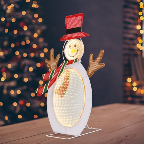 GYMAX LED Schneemann 64 cm, 2D Weihnachtsdeko mit LED Lichtern, rustikale Weihnachtsfigur mit Hut & Schal, Weihnachtsbeleuchtung für Garten, Terrasse & Innen