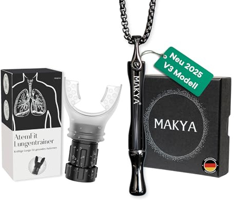 Makya – AtemFit & Makya V3 Bundle – Rauchentwöhnung & Lungenreinigung – Nikotinfrei & chemikalienfrei – Simuliert Rauchgefühl – Lungentraining für Raucher – Edelstahl Halskette – Atemtrainer