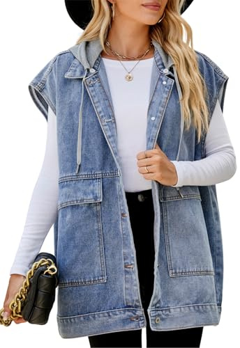 KANDEMY Damen Ärmellos Jeansjacke Trendy Beiläufige Denim Weste Outwear Boyfriend Oversized Freizeitjacken Blau mit Kapuze XL