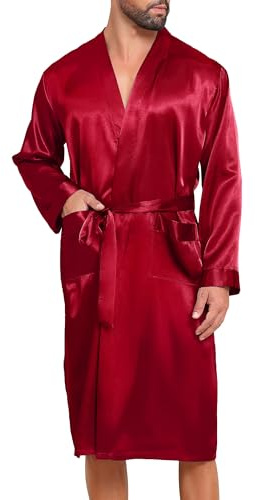 Lovasy Vestaglia Uomo Raso Accappatoio Kimono Leggero in Seta a Maniche Lunghe Camicia da Notte Uomo Accappatoio e Biancheria da Notte con Cintura e Tasca,A-rosso,S