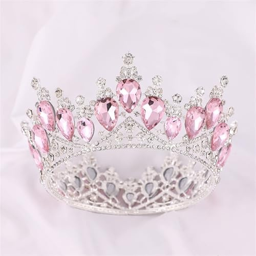 Aikimfuly Crystal Vintage Queen Tiaras Crowns Women Pageant Prom Diadem Hair Ornament Wedding Hair Jewelry Accessory Fashion Headbands(H090 Silver Pink)