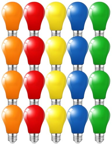 MZYOYO 20er Pack A60 Bunte Glühbirnen E27,3W Farbige Glühbirne E27 LED Birne,Ersetzt 25 Watt,Glühbirne Bunt Außen,LED Bunt für Lichterkette,Party,Weihnachten Deko,Rot Gelb Blau Grün Orange