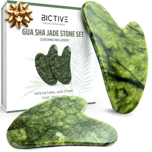 BICTIVE Set mit 2 Premium Gua Sha Stein aus Natürlicher Jade. Gesichtsmassage für Hautstraffung und Lymphdrainage des Gesicht, Gesichtsstein. Guasha Stein für Hals und Dekolleté. Face Massager