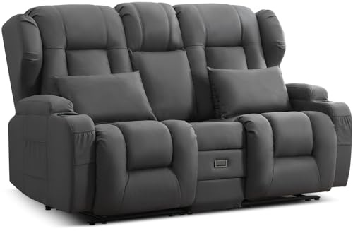 TCGBKAF Kinosessel 2-Sitzer manuell, Relaxsessel mit Liegefunktion & Getränkehalter,Doppel-Fernsehsessel Relaxsofa verstellbar mit Klappkonsole, Heimkino Sofa Zweisitzer für Wohnzimmer, Stoff