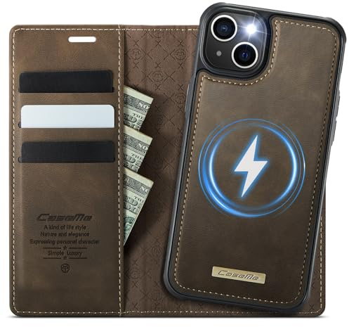 Coverilo Handyhülle für iPhone 14 Hülle Abnehmbar 2-in-1 Magnetische Premium PU Leder Klapphülle Kabelloses Laden Kartenfach RFID Schutz Standfunktion Schutzhülle für iPhone 14 – Braun