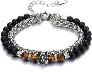PiercingJak Herren Armband Edelstahl Perlenarmband mit Kreuz Wolf 6mm Schwarz Achat Tigerauge Steine Armbänder doppelt Armkette Charm Heilsteine Schmuck Spirituelle Geschenke für Männer