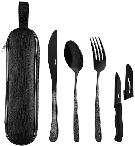 hecef bestickset med fodral, 6‑delars – återanvändbara i rostfritt stål 18/0, svart, moderna hamrade handtag, rost‑ och korrosionsbeständigt, diskmaskinssäkert – för kontor, picknick och camping