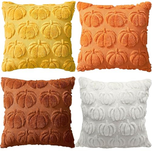 Nuoyiman Pack of 4 Autumn Decorative Cushion Covers, 45 x 45 cm Sofa Cushion, Thanksgiving Cushion Covers, Autumn Soft Pumpkin Pattern Decorative Cushion Cover for Living Room, Sofa, Garden, Bedroom