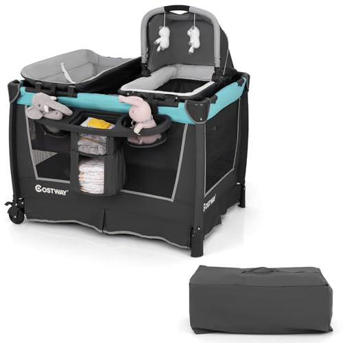 COSTWAY 5 en 1 Cuna Plegable, Parque Infantil con Cuna Extraíble, Cambiador, Colchón, Estante de Almacenamiento, Bolsa de Transporte y Ruedas con Freno, Centro de Cuidado Infantil Portátil (Verde)