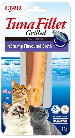INABA Tuna Fillet Grilled - Friandises pour Chats en Filet de Thon - Bouillon Aromatisé à la Crevette - Snack pour Félins Grillé et Riche en Antioxydants - Nourriture pour Chats - 1 x 15g
