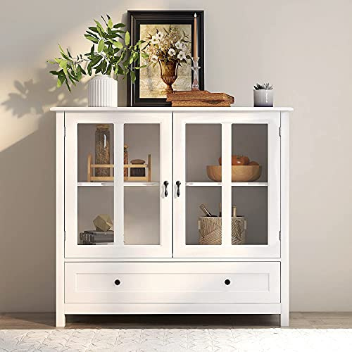 RASOO Modern Buffet Cabinet White Double Glass Doors with Unique Bell Handles and Big Drawers Sideboard Cupboard Dining Room Hallway Entryway, 41.4 L x 15.5 W x 35.4 H (Large)