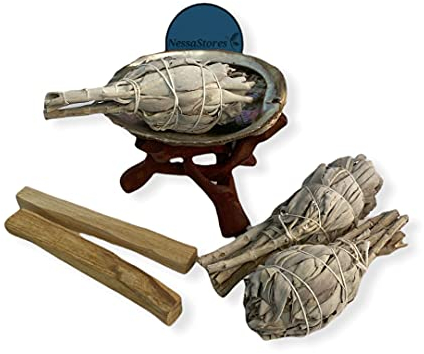NessaStores Kit de 7 pièces de sauge avec palo Santo, sauge blanche, coquille d'ormeau et trépied en bois pour le nettoyage de la maison, le soulagement du stress et la méditation JC-210