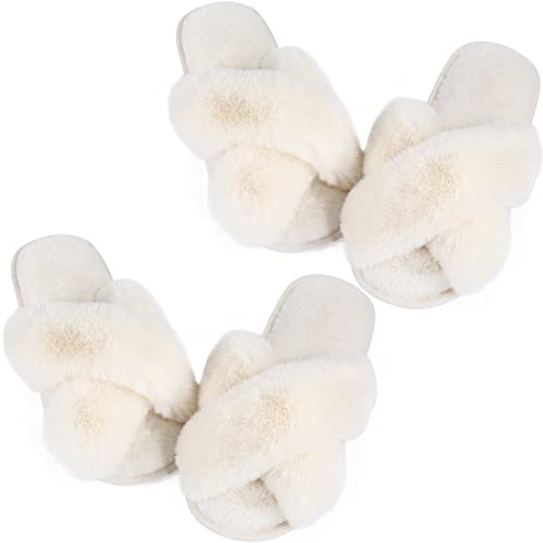 Ankis Women's Fuzzy Slippers Cross Band Open Toe Memory Foam Fluffy Plush House Slippers Indoor Outdoor Cozy Slipper Slides for Wedding Bride Pregnancy