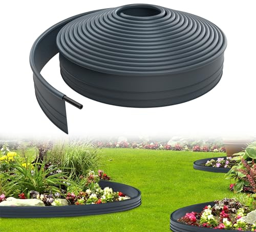 UISEBRT Flexibel gräsmatta kant plast 15 m – rabattkant med rund övre kant, rabattkant – förhindrar rotspridning – stabil rabattbegränsning, 9,6 cm x 15 m, antracit