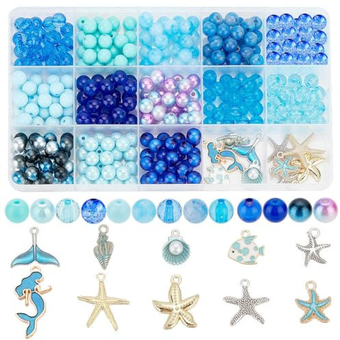 PH PandaHall 345 Stück Bastelperlen Blau Für Auffädeln, Ozeanperlen Charms Muschel Seestern Meerjungfrau Charms Anhänger Für DIY Armbänder Halsketten Ohrringe Schmuckherstellung Party