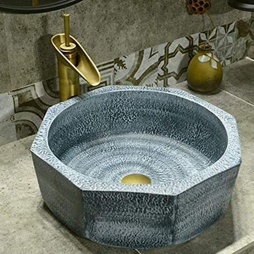 SONAXO Resin Washbasin, Natural Stone Oval Built-in Bathroom Polygonal Retro Washbasin Sink Ceramic Container Hotel Splash-proof Washbasin for Bathroom (E)