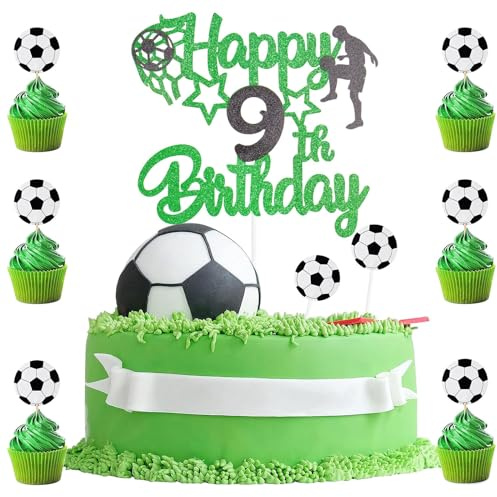 9th Birthday Football Cake Topper Boys,Football Cake Decoration 9 Boy,1 Cake Topper with 8 Soccer Cupcake Birthday Decorations