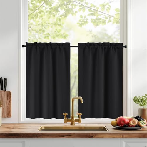 PONY DANCE Tende Oscuranti per Interni a Vetro Finestra Tende Termiche con Tasca Blackout Curtains Tendine per Cucina Finestra 2 Pezzi 60x120 CM, Nero