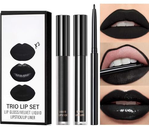 3-in-1 Black Matte Lip Liner and Lipstick Set - Non-Sticky, Long Lasting, Waterproof, Moisturizing Liquid Lipstick for Daily Makeup and Holiday